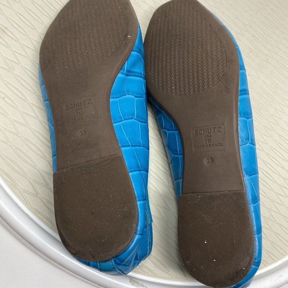 Schutz Teal Ballet Flats Size 7 Turquoise Blue Leather Shoes Bow Square Toe - Picture 7 of 10